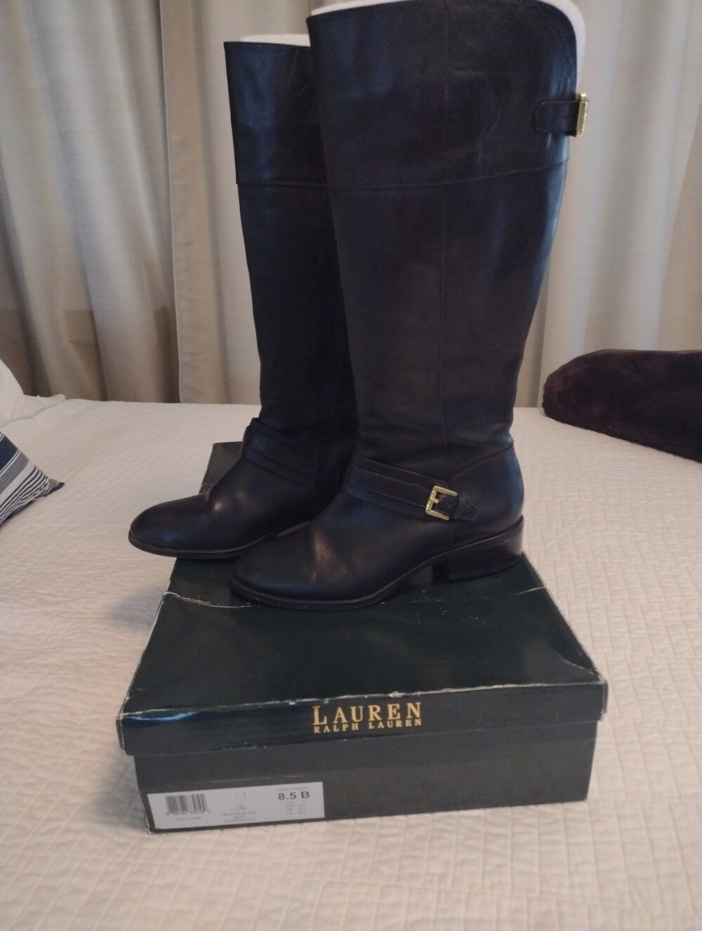 Lauren Ralph Lauren Women's 8.5 B Maritza Black Leather Riding Boots Knee Buckle